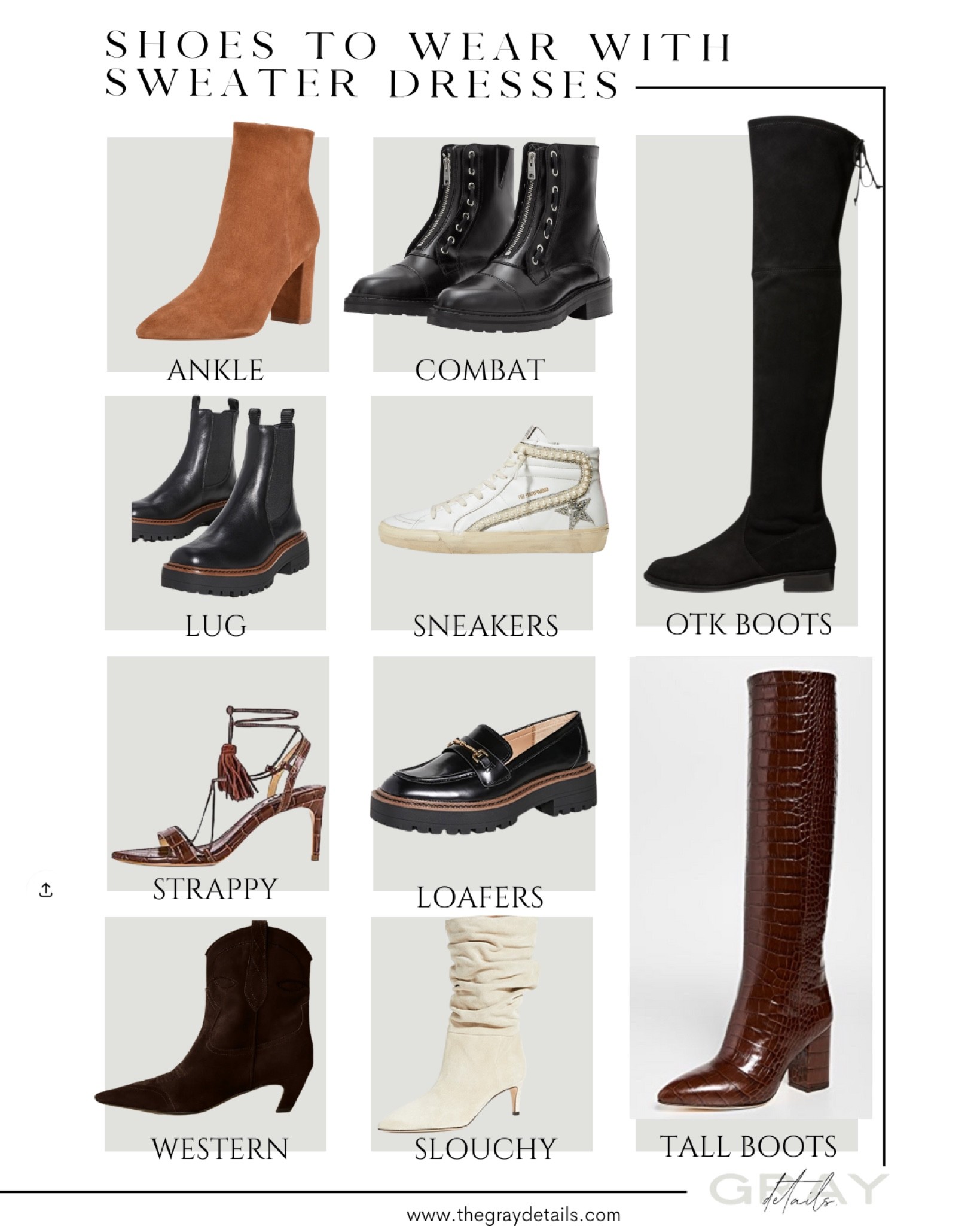 Shoes to wear with sweater dresses 

Loafer
Lug boots
Otkboots 
Western boots
Tall boots
Ankle boots
Slouchy boots
Strappy heels 

#LTKstyletip #LTKSeasonal #LTKshoecrush