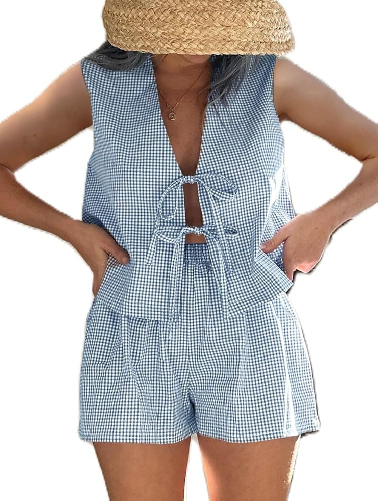 Women 2 Piece Gingham Lounge Sets Y2k Tie Front Vest Top Plaid Boxer Shorts Matching Pj 2pcs Paja... | Amazon (US)