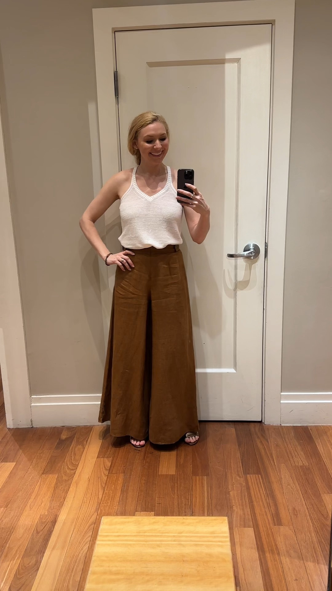 Brown Linen wide leg pants that are so soft and comfortable yet both professional and business while also casual and chic. Great for travel. Knitted light top is semi mesh but a nude bra is enough to not be noticeable.  Very breathable. Good outfit for humid climate. #BananaRepublic 

#LTKworkwear #LTKtravel #LTKVideo