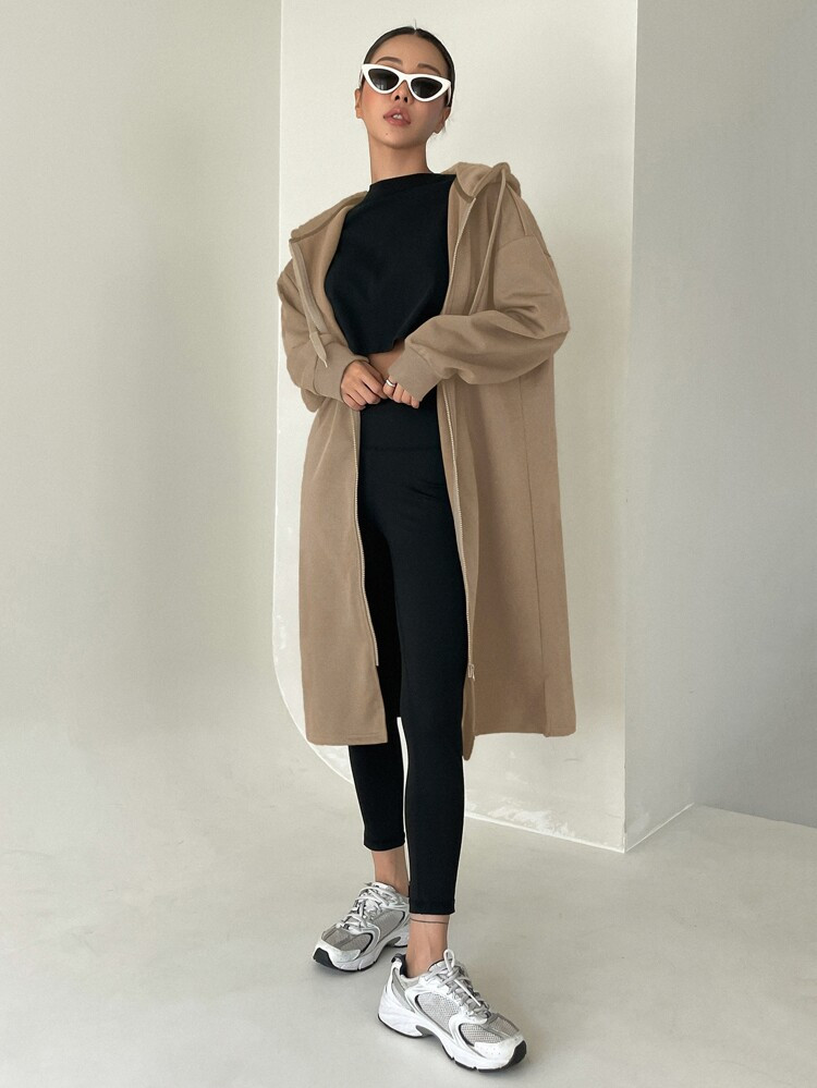 DAZY Zip Up Drop Shoulder Drawstring Longline Hoodie | SHEIN