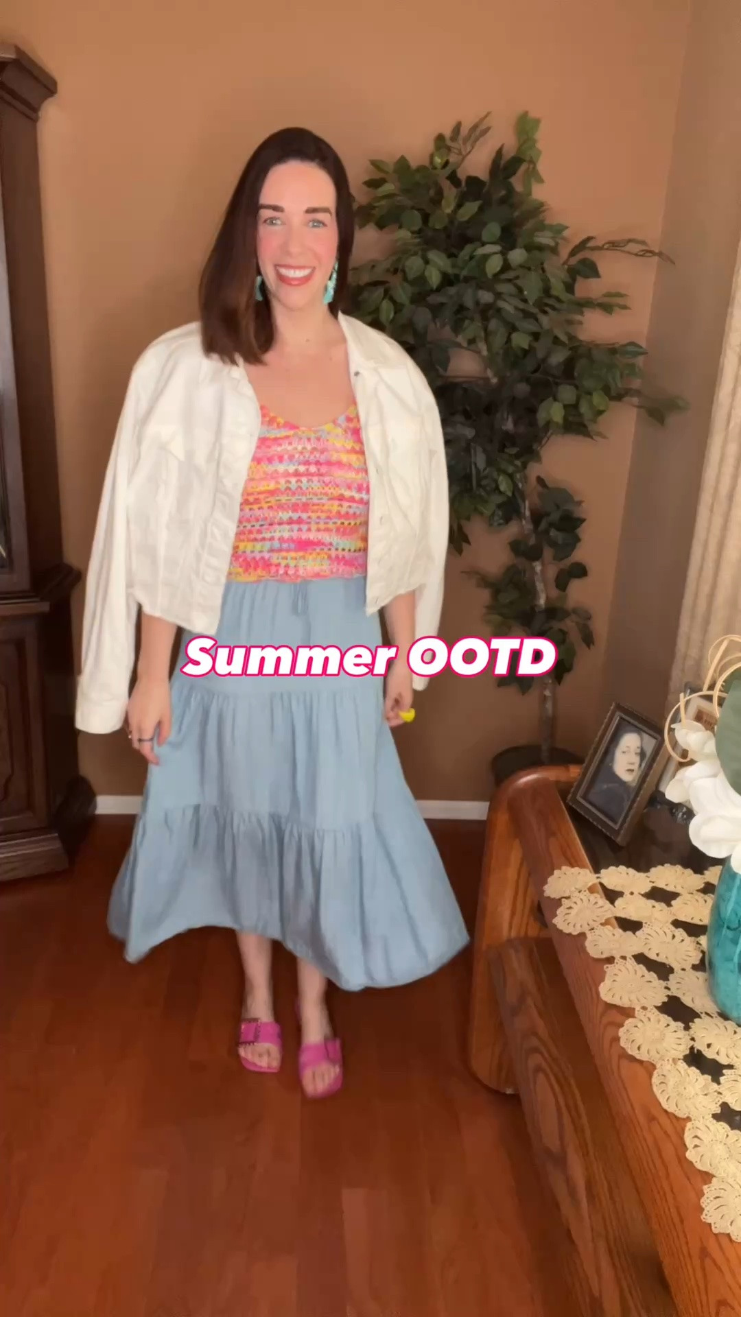 Multicolor cropped knit tank (s). Light chambray tiered maxi skirt (s). Pink sandals (8.5). #knittank #croppedtank #multicolortank #skirt #maxiskirt #chambrayskirt #denimskirt #tieredskirt #pinksandals #sandals #summeroutfits #datenightoutfits
summer outfits #churchoutfit 
date night outfits

#LTKootd #LTKSeasonal