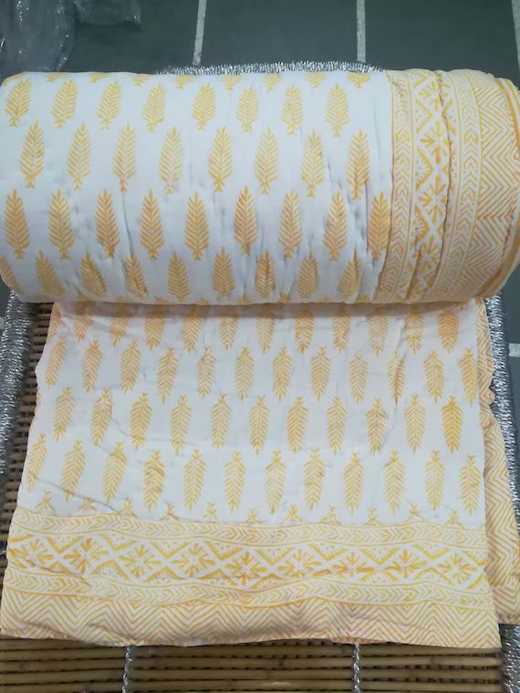 Cotton Quilt Decor Yellow Floral Print Quilt  Bedding Kantha Quilt Bedding Kantha Throw Reversibl... | Etsy (US)