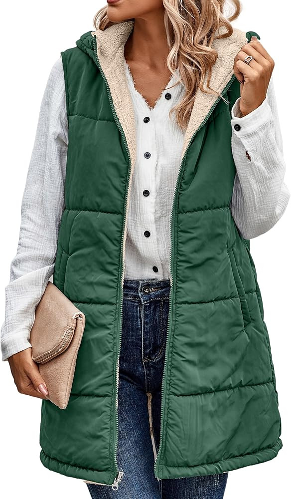 ECOWISH Women Long Puffer Vest: Fall Zip up Reversible Fleece Jacket 2025 Winter Warm Sleeveless ... | Amazon (US)
