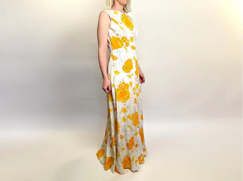 Vintage 60s Malcolm Starr Dress: Floral Cotton Matelass\u00e9 Evening Gown S/M | Etsy (Global)