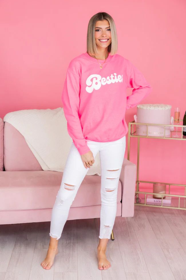 Besties Script Safety Pink Graphic Sweatshirt | The Pink Lily Boutique