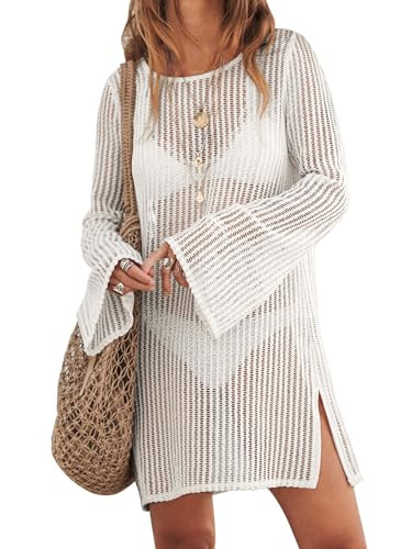 ANRABESS Women's Swimsuit Coverup Summer Long Sleeve Crochet Mini Knit Side Split Swim Bathing Su... | Amazon (US)