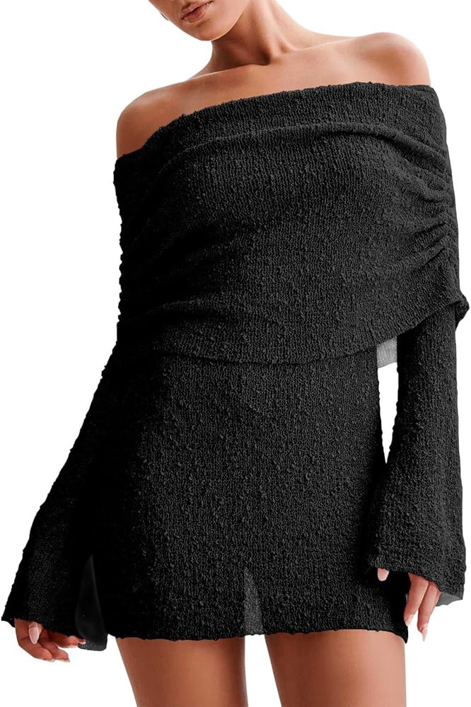 Imily Bela Womens Beach Swimsuit Cover Ups Summer Off The Shoulder Long Bell Sleeve Sheer Mini Dr... | Amazon (US)