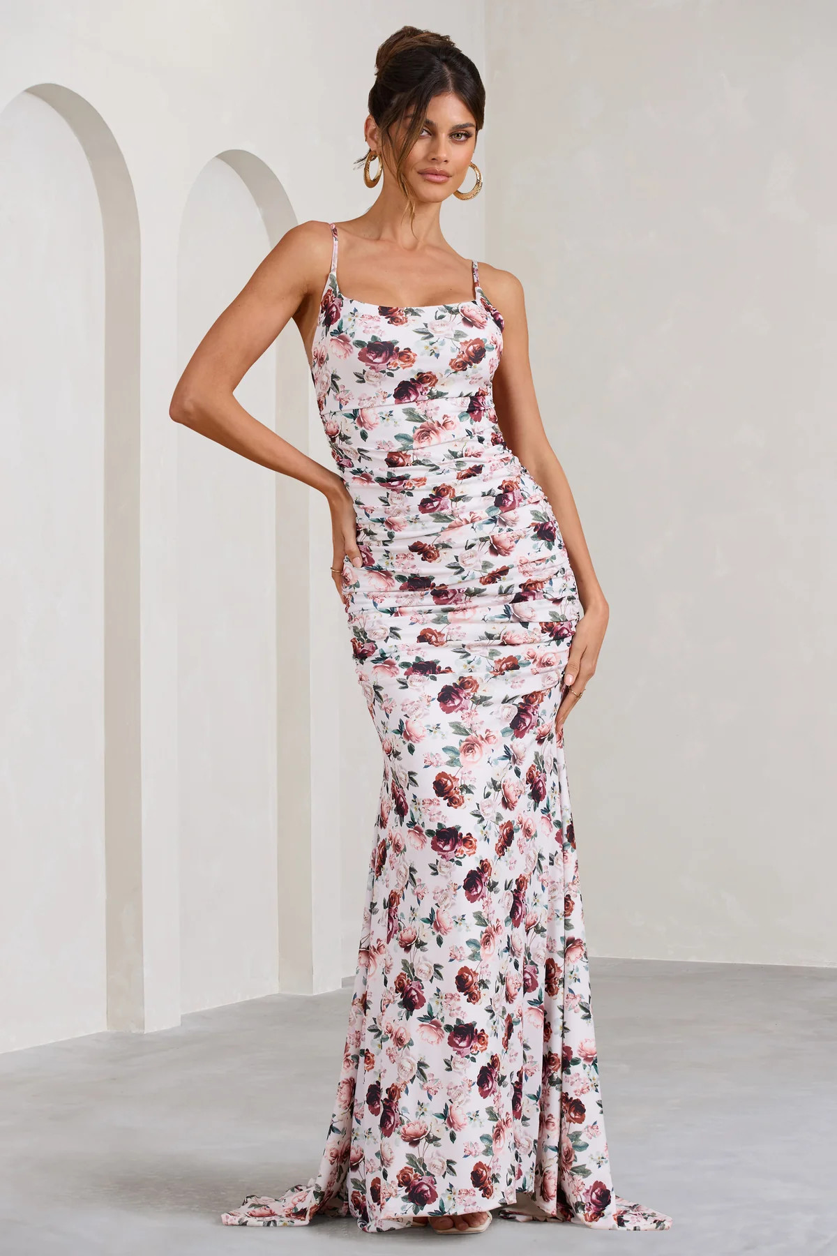 Adele | White Floral Print Backless Ruched Fishtail Cami Maxi Dress | Club L London
