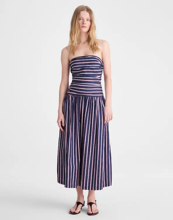 Strapless Ruched Midi Dress in Poplin | Madewell