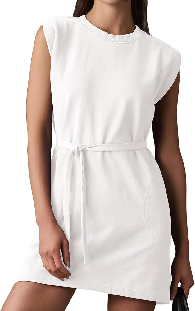 Women's Sleeveless Sweatshirt Dress Tie Waist Mini Dress Casual Crewneck Pullover Tunic Dresses w... | Amazon (US)