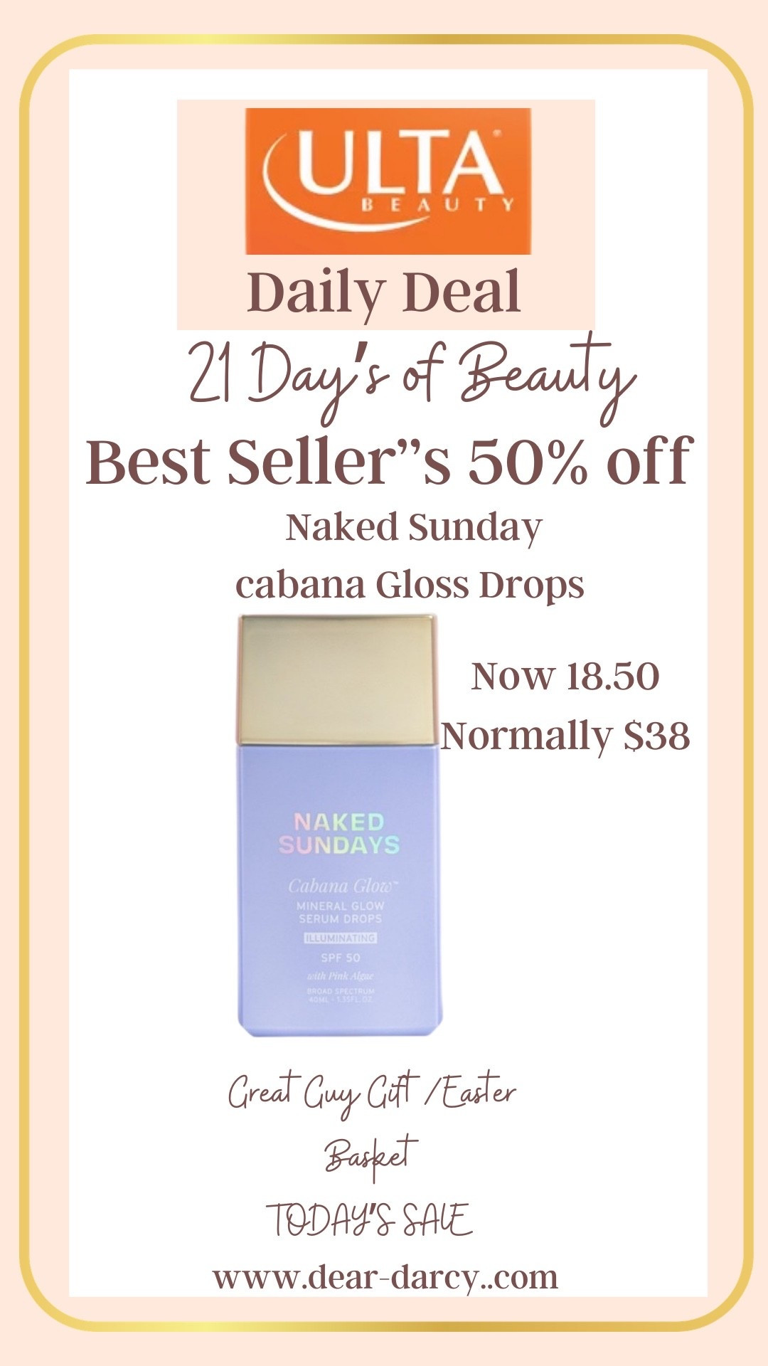 Ulta’s 21  Days of Beauty
50% off  
Naked Sunday 

Cabana glow drops 
SPF 50 

Normally $38 
Now $19

Great for spring break and great Easter Basket stuffer stuffers 



#LTKBeauty #LTKSpringSale #LTKSaleAlert