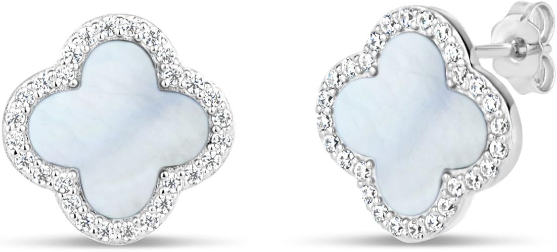 Sterling Silver Mother Of Pearl With Cubic Zirconia Clover Stud Earrings | Amazon (US)