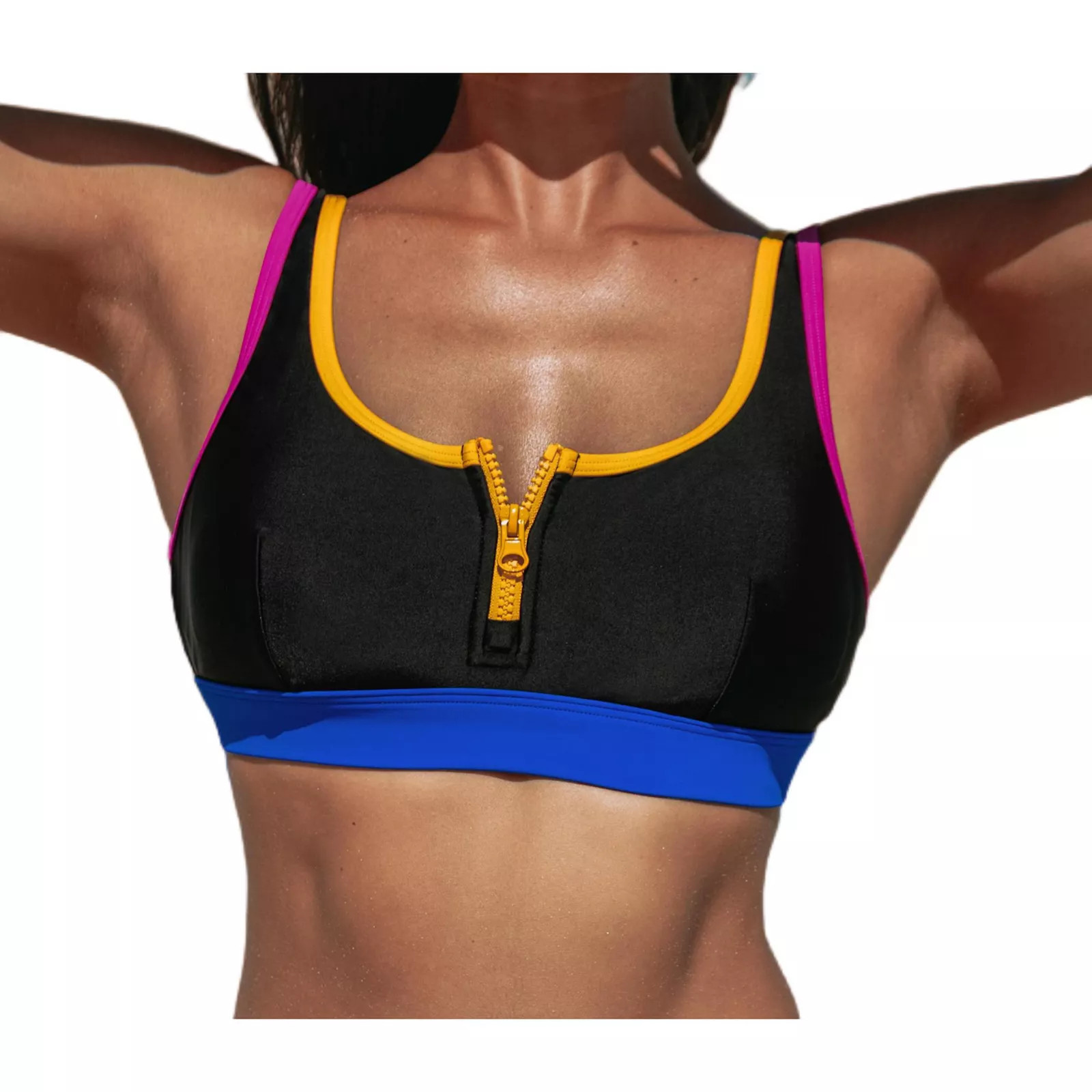 Women's Cupshe Colorblock Zip-Front Swim Top, Size: Medium, Multi Black | Kohl's