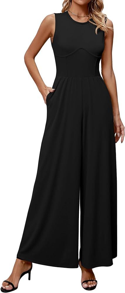 DIRASS Womens Summer Jumpsuits Sleeveless Dressy Casual One Piece Outfits Wide Leg Pants Rompers ... | Amazon (US)