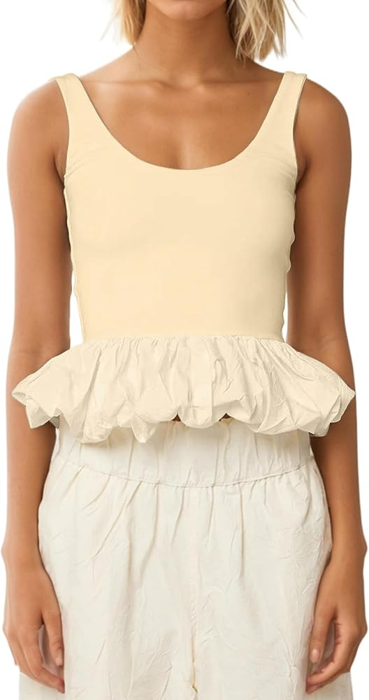Women's Ruffle Bubble Hem Tank Top Scoop Neck Backless Sleeveless Patchwork Peplum Top Going Out ... | Amazon (US)