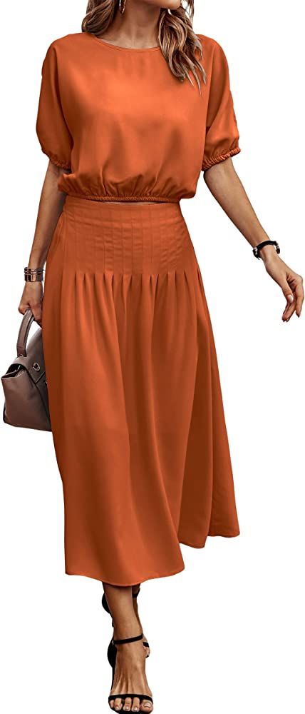ECOWISH Women's Dresses 2023 Two Piece Outfits for Women Summer 2 Piece Dress Pleated Midi Skirt ... | Amazon (US)