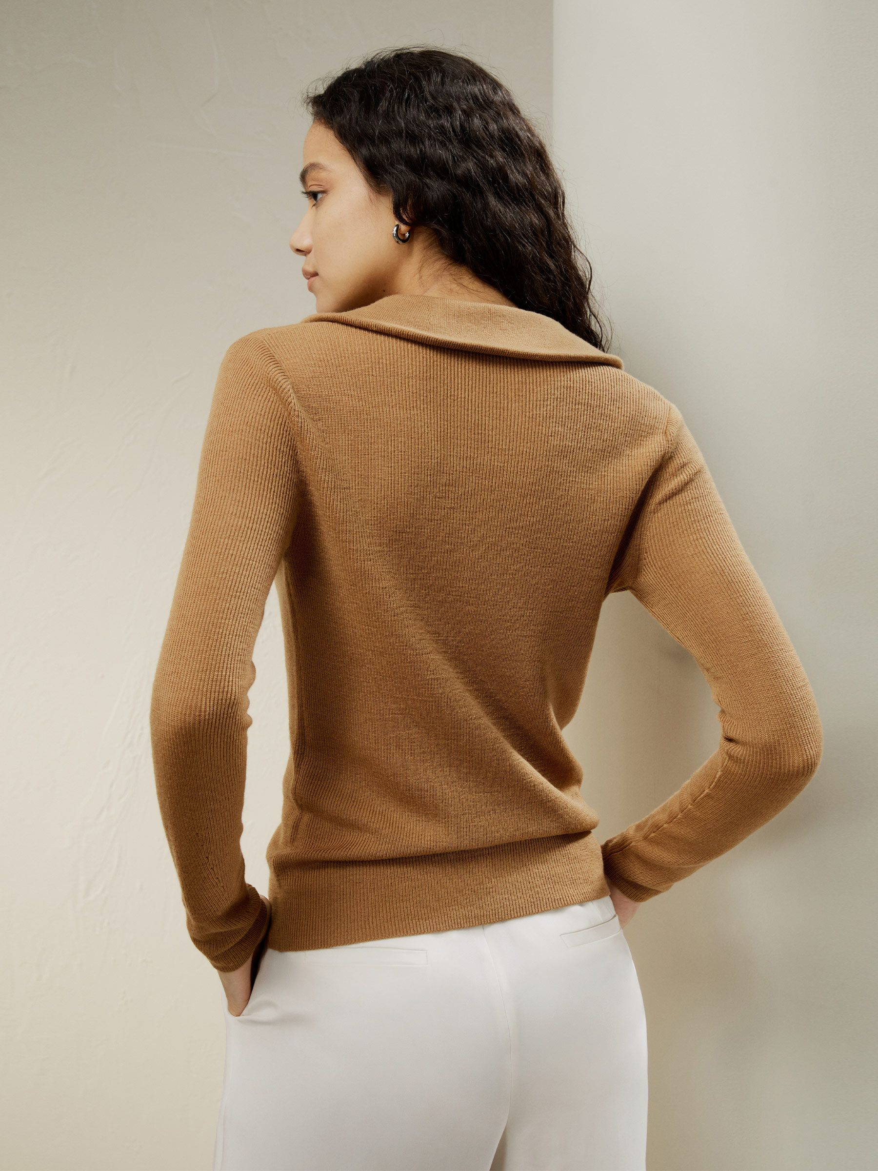 Gaia Ribbed Half Zip Ultra-fine Merino Wool Sweater | LilySilk