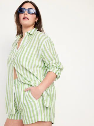 Linen-Blend Striped Boyfriend Shirt for Women | Old Navy (US)