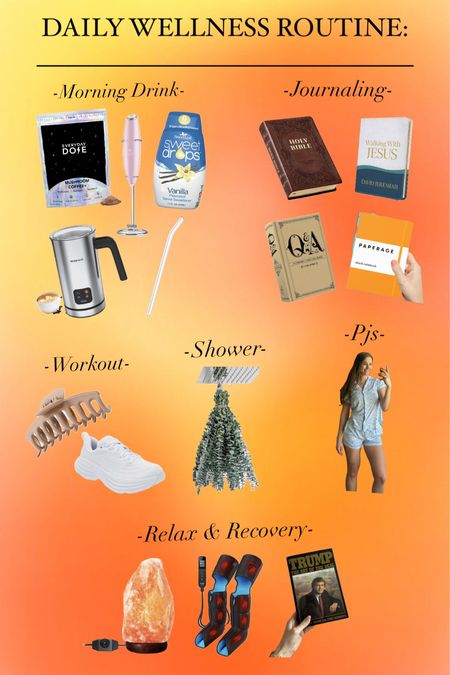 Wellness routine. Healthy habits. Daily wellness routine. Wellness products. Healthy products. Wellness tools. Morning drink. Journaling. Workout items. Eucalyptus shower. Pjs. Compression boots. Books. Health and wellness. 

#LTKhome #LTKfitness