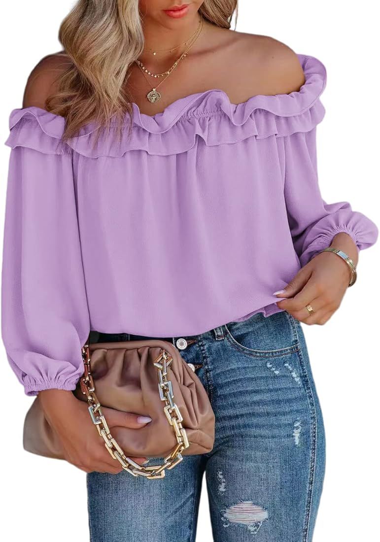 evnanic Womens Casual Off Shoulder Tops Long Sleeve Ruffle Flowy Chiffon Blouses Shirts | Amazon (US)