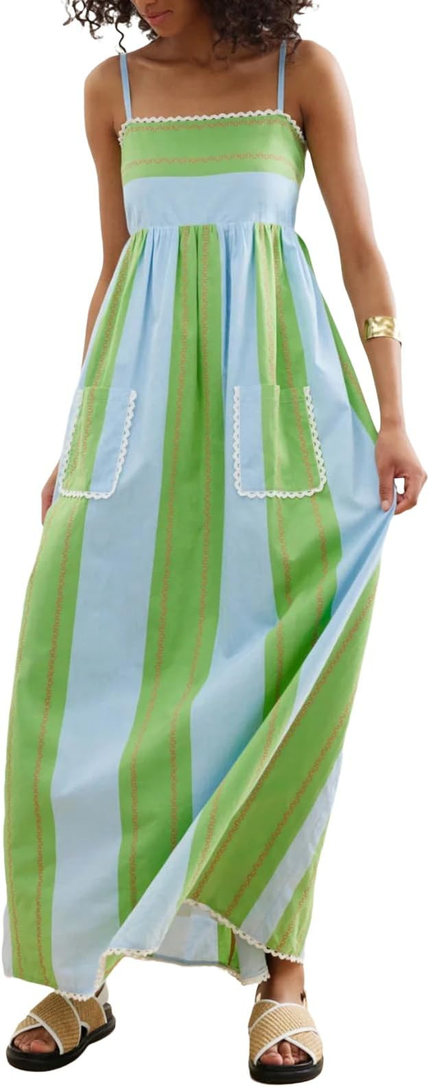 Women Strap Striped Cami Maxi Dress Y2k Sleeveless Backless Ruffle Going Out Vacation Bach Flowy ... | Amazon (US)