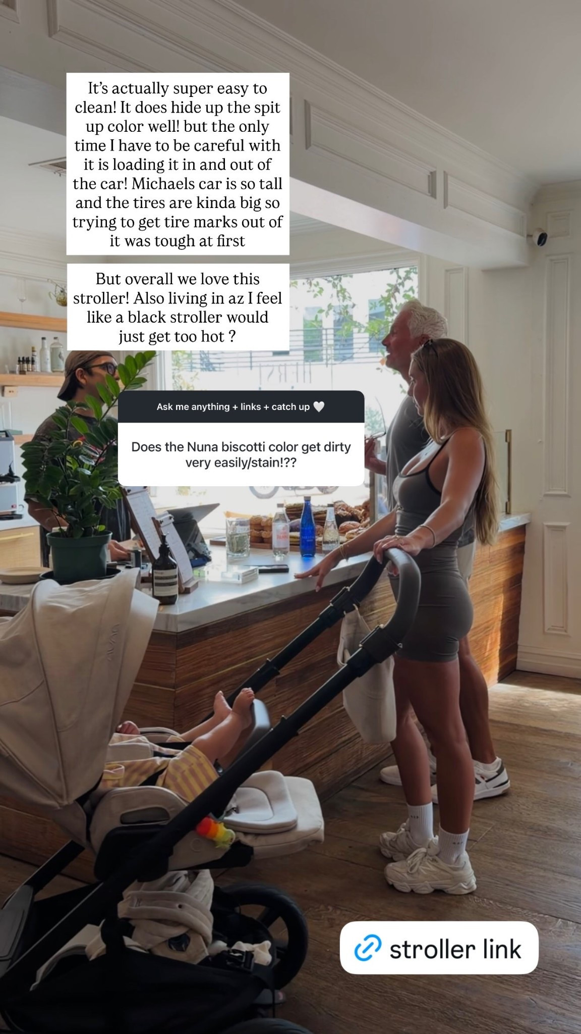 It’s actually super easy to clean! It does hide up the spit up color well! but the only time I have to be careful with it is loading it in and out of the car! Michaels car is so tall and the tires are kinda big so trying to get tire marks out of it was tough at first 

But overall we love this stroller! Also living in az I feel like a black stroller would just get too hot ?