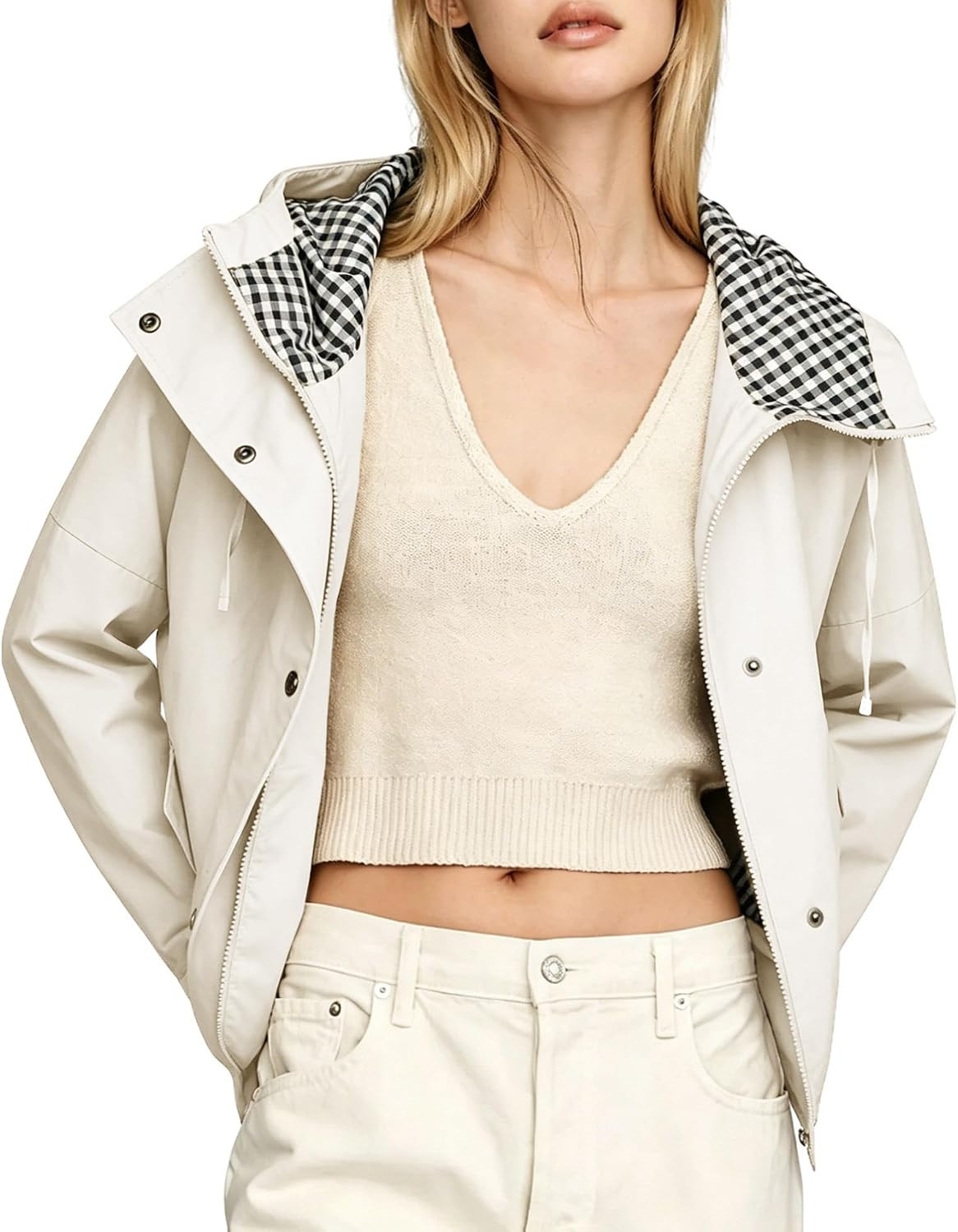 Women Oversize Trench Coat Plaid Lining Hooded Zip Up Windbreaker | Amazon (US)