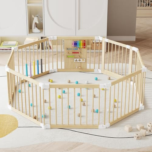 EXPERLAM Baby Playpen - Wooden Playpen for Babies and Toddlers, Foldable Play Pen with Locking Gate, Portable Baby Fence with Adjustable Shape and Size, Extra Large Toddler Play Yard (58X58x23.5Inch) | Amazon (US)