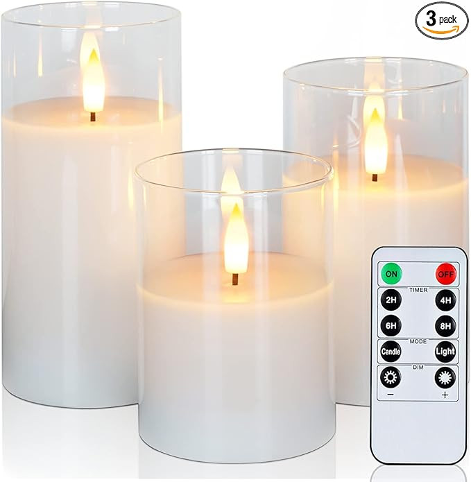 Amagic Clear Glass Flameless Candles Battery Operated with Timer, Remote Control, LED Pillar Cand... | Amazon (US)