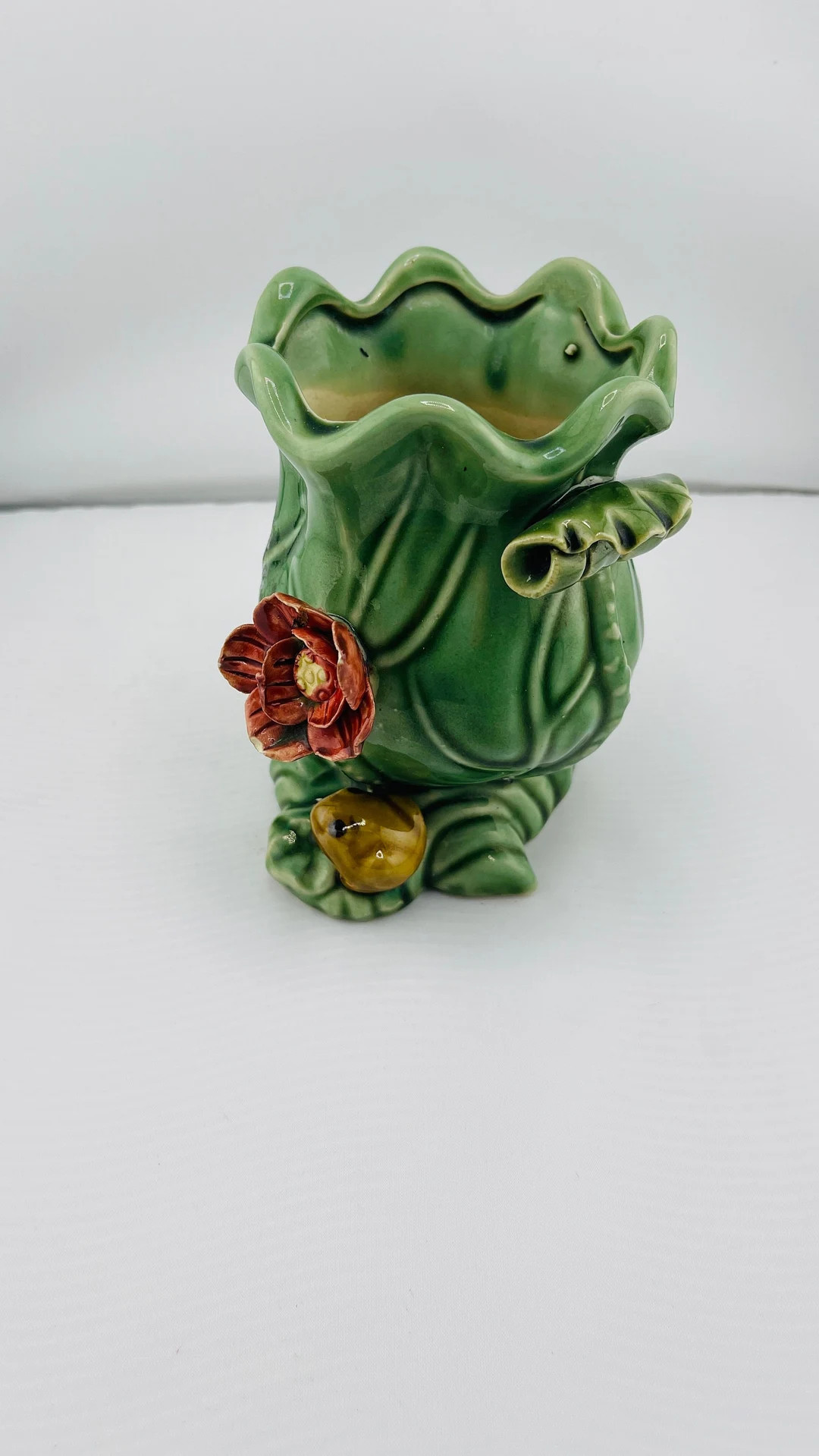 Vintage Majolica Vase/Planter MCM with red flower and small yellow frog. | Etsy (US)