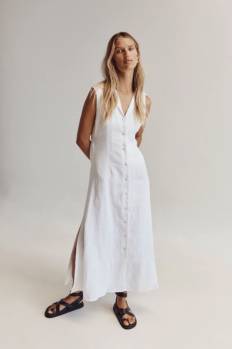DREW WHITE LINEN SLEEVELESS DRESS | DISSH