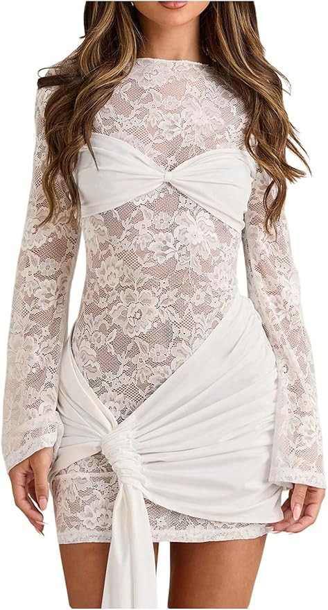 Verdusa Women's Lace Mini Dress Long Sleeve Bodycon Mesh Dresses Formal Wedding Guest Dress Fall ... | Amazon (US)