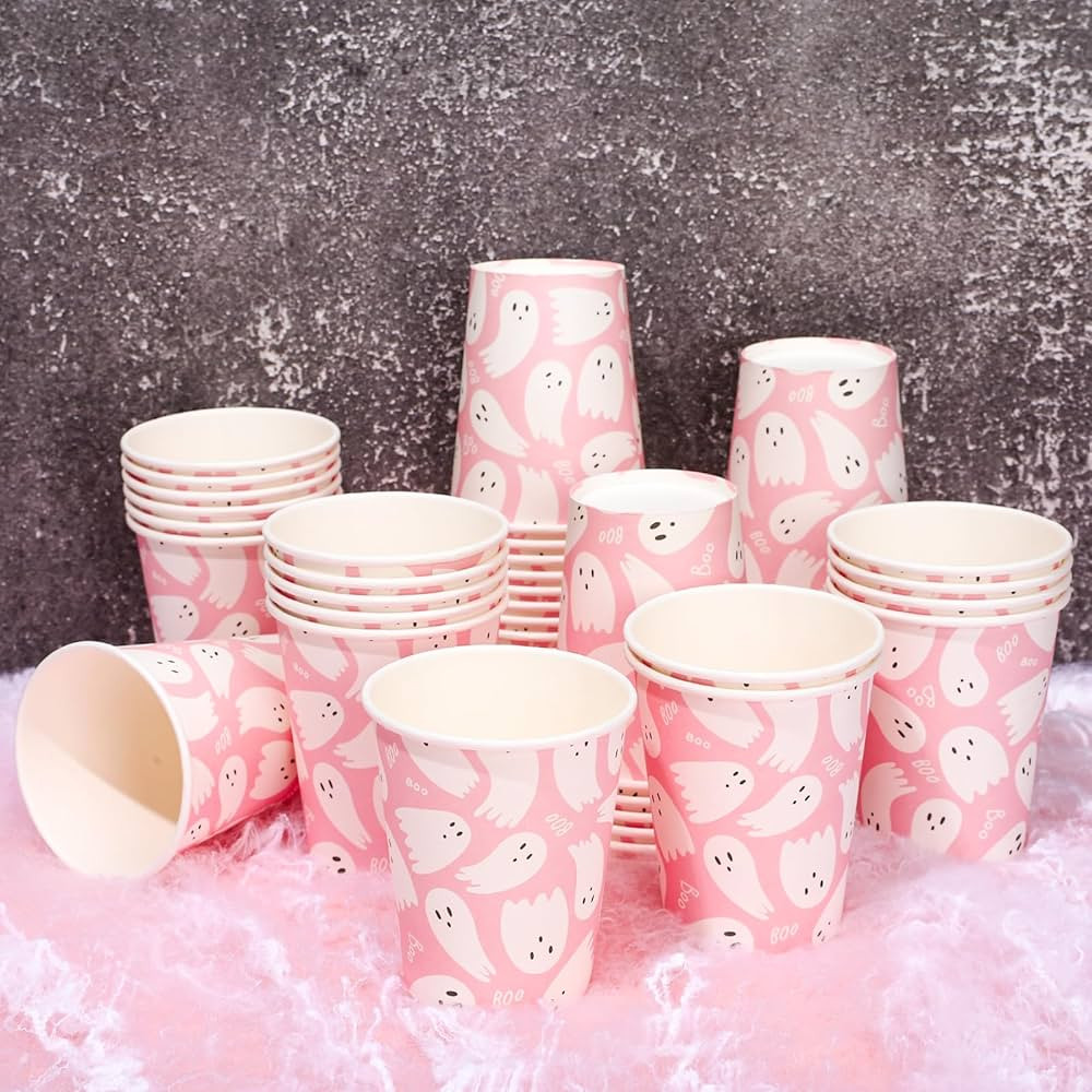 Whaline 50Pcs Halloween Ghost Paper Cups Cute Pink White Ghost Disposable Cups Halloween Party Cu... | Amazon (US)