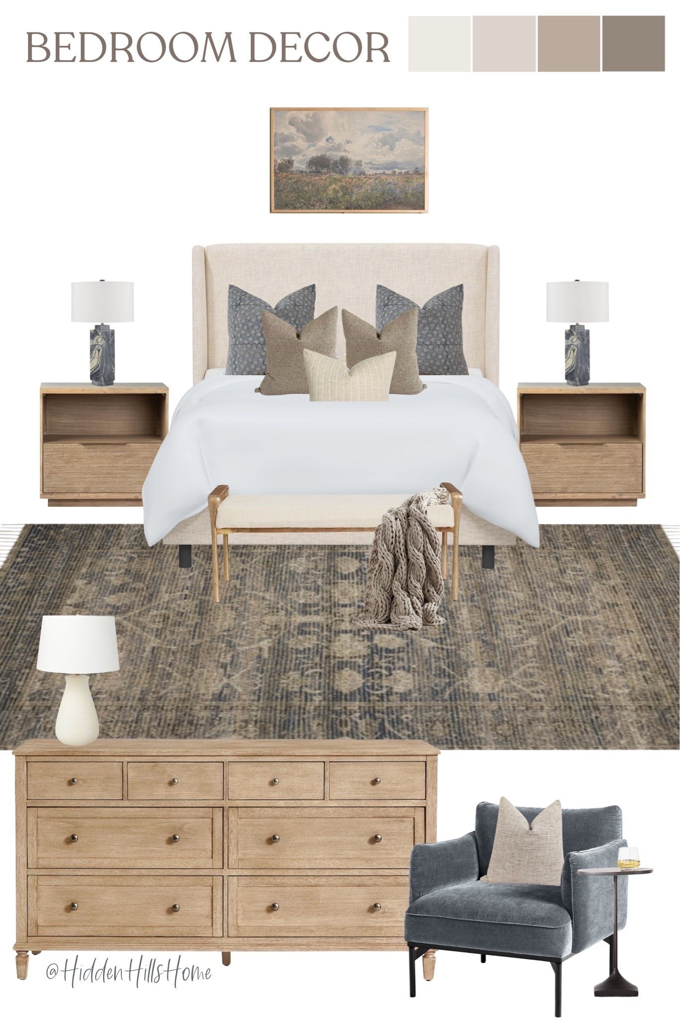 Bedroom decor, bedroom mood board, bedroom inspiration, home decor, bedroom decor ideas, nightstands, bedroom rug, dresser, bedding #bedroom

#LTKHome #LTKSaleAlert