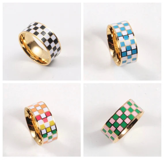 18K Gold Plated Checkered Black and White Ring, Checkered Rainbow Ring, Checkered B&W Ring, Chunk... | Etsy (US)