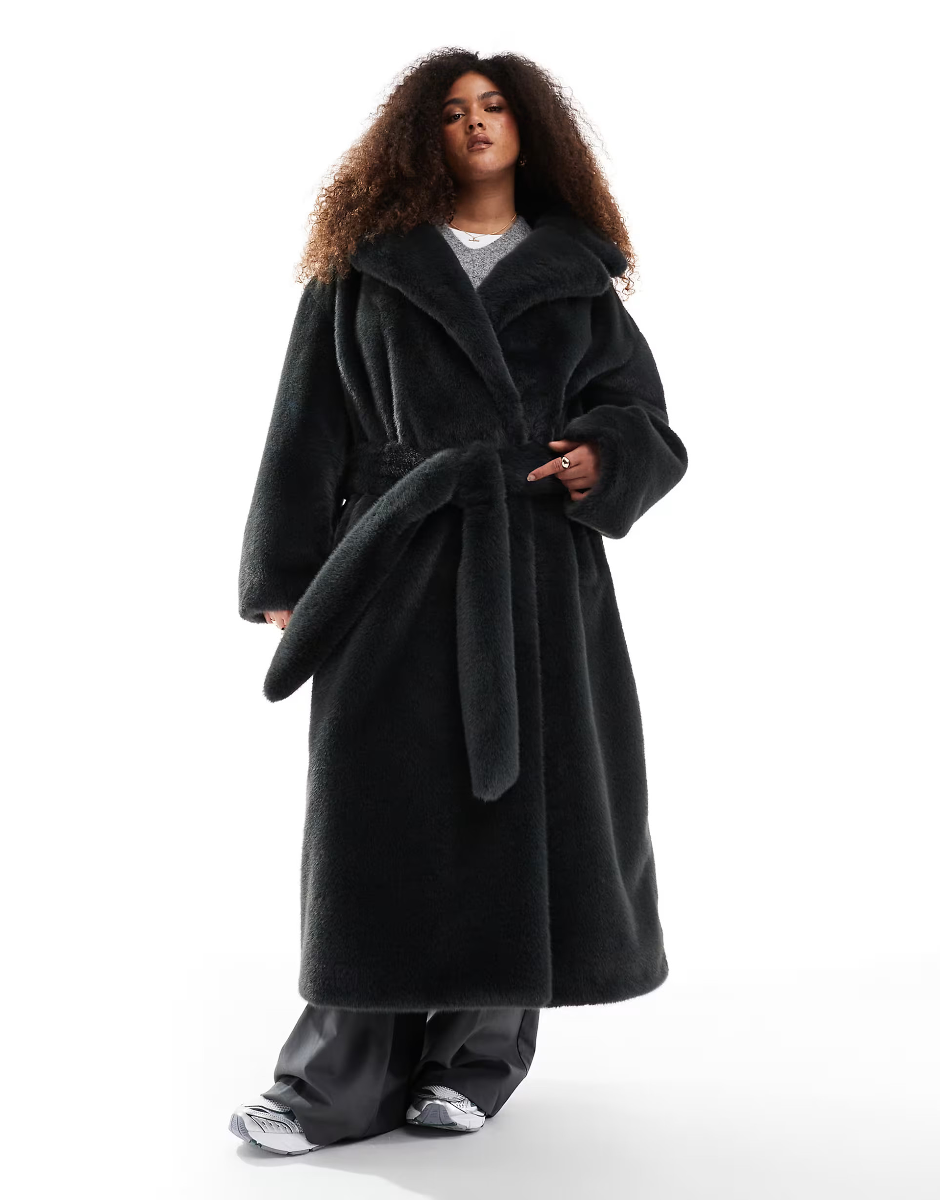 ASOS DESIGN Curve longline belted faux fur coat in forest green | ASOS (Global)