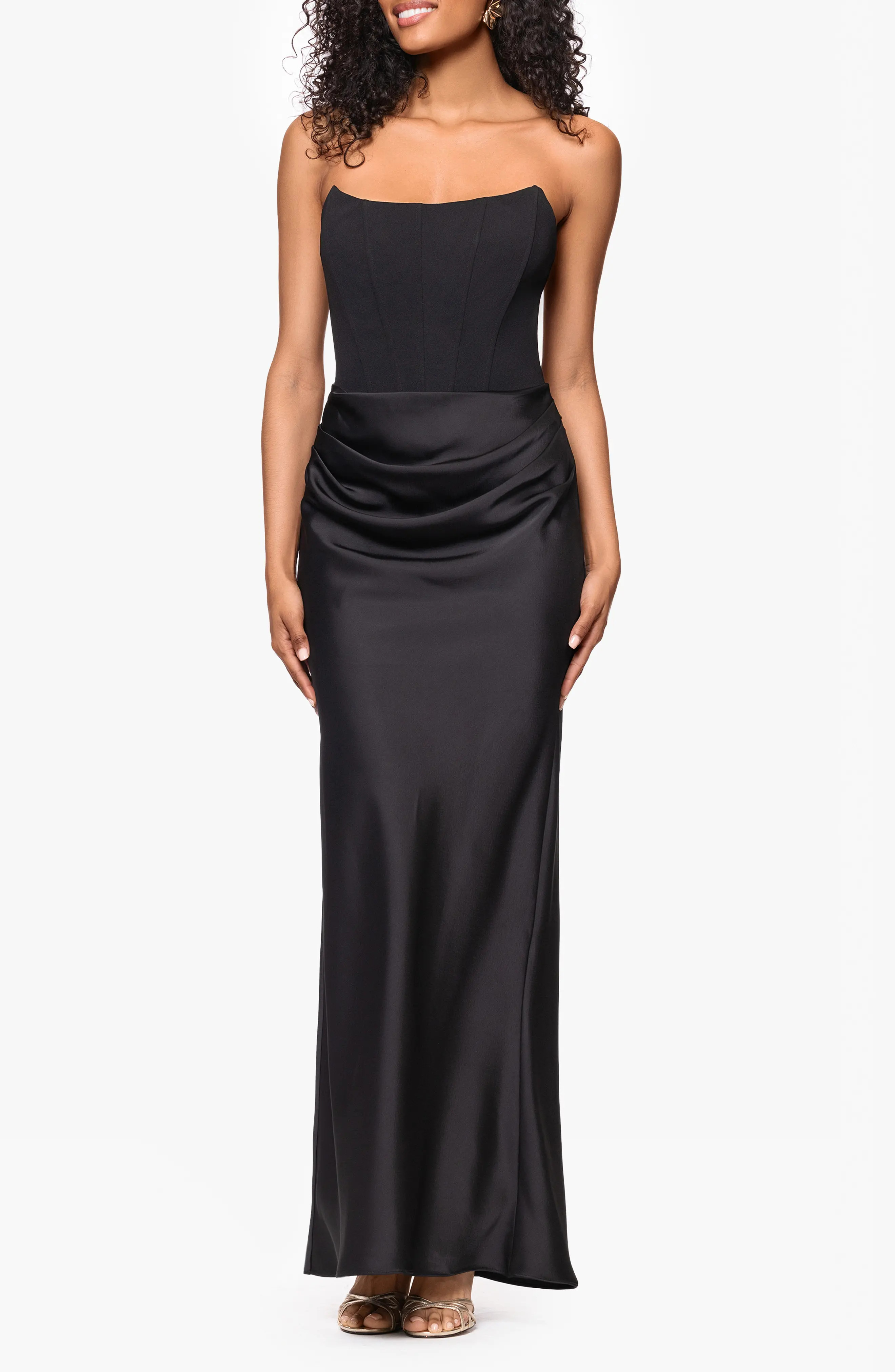 Betsy & Adam Strapless Scuba & Charmeuse Gown in Black at Nordstrom, Size 4 | Nordstrom