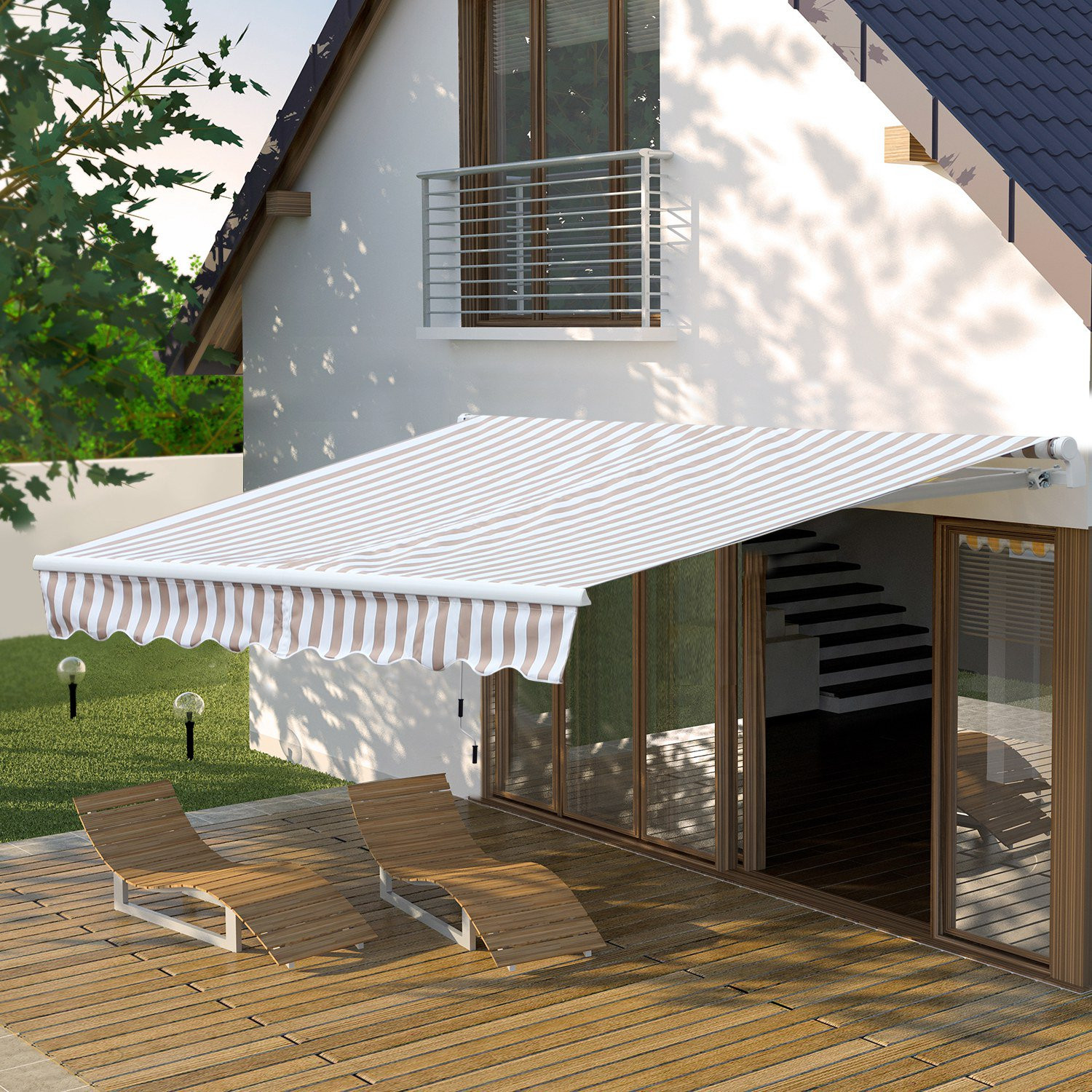 Outsunny 10' x 8' Retractable Sun Shade Patio/Window Awning, White/Beige Stripe | Walmart (US)