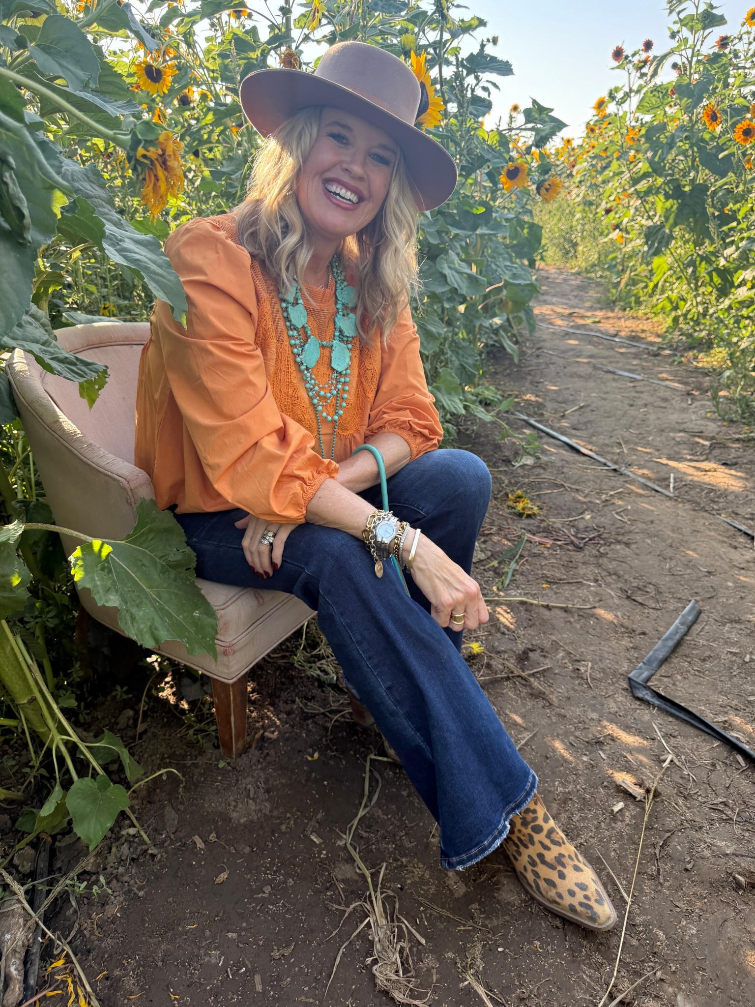 Fall🍂 Outfit inspo

Orange, turquoise and tan… a never fail color combo ✔️

A mix of turquoise jewelry 
- Chunky large stone necklace Chicos (old) linked dimilar

- long real  turquoise beads 
Wearing two  (linked similar )

- orange Free people inspired top with lace details Amazon find tts and so affordable 

Lack of color hat

Risen dark wash jeans with flare

Leopard cowboy boots


#LTKOver40 #LTKStyleTip #LTKFindsUnder50