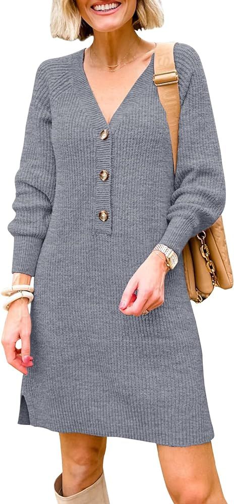 V-Neck Button Down Sweater Dress Long Sleeve Solid Knitted Pullover Sweatshirt Casual Dresses | Amazon (US)