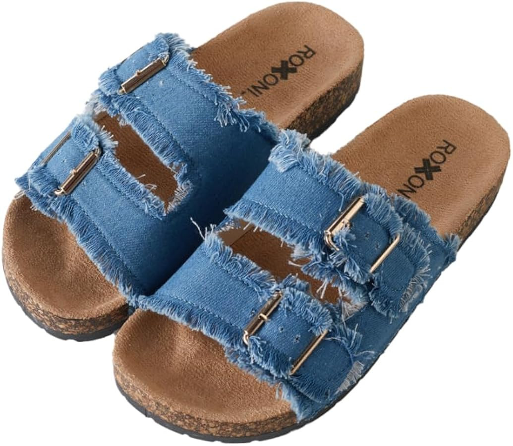 Roxoni Women's Comfort Flat Sandals Double Buckle Adjustable Straps Flat Slides Footbed Suede | Amazon (US)
