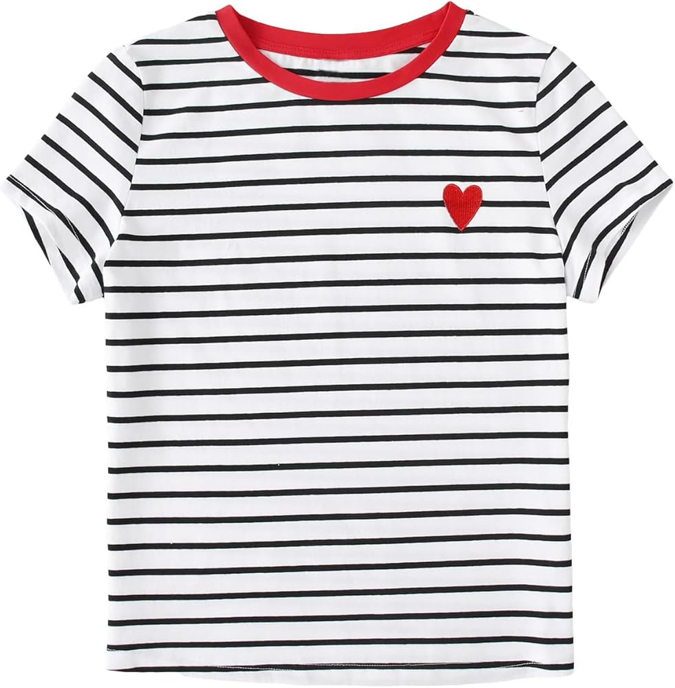 Floerns Women's Striped Print Graphic Embroidered Crewneck Short Sleeve Tee Shirt Top | Amazon (US)