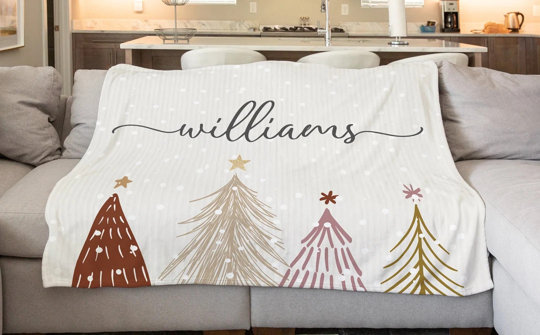 Custom Name Christmas Tree Soft Cream Blanket With Family Name - Etsy | Etsy (US)