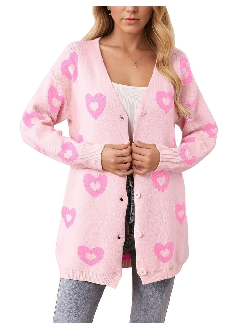 Cardigan Sweaters for Women Valentine's Day Heart Sweaters Oversized Cable Knit Button V Neck Lon... | Walmart (US)