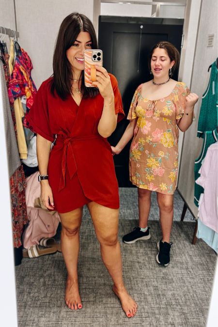Wrap dress-medium. Love it but it’s not for tall gals
Lily is wearing a medium in the ruffle sleeve mini 

#LTKFind #LTKxNSale #LTKcurves