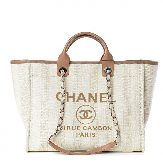 CHANEL Straw Raffia Calfskin Striped Large Deauville Tote Beige | Fashionphile