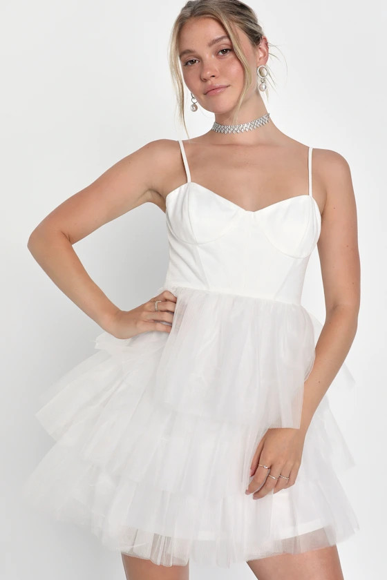 Rule the Runway White Tulle Bustier Tiered Mini Dress | Lulus