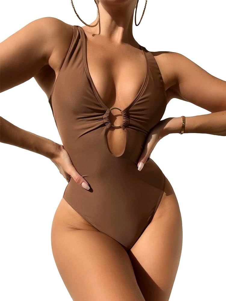 MakeMeChic Women's Twist Back Cut Out Ring Plunge Neck One Piece Swimsuit Bathing Suit | Amazon (US)
