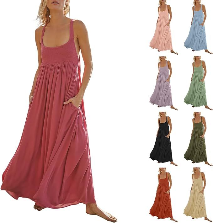 Women Summer Dresses Sexy Halter Neck Side Split Boho Dress Casual Sleeveless Smocked Maxi Dresse... | Amazon (US)