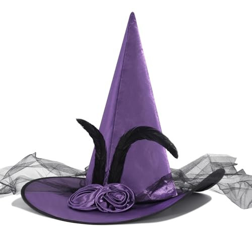 Leuceiy Witch Hat for Women, Halloween Costume Party Witches Hat, Wizard Hats Women's Witch Hats with Roses & Feathers(Purple) | Amazon (US)